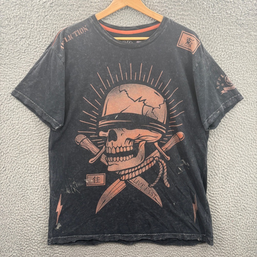 Affliction Shirt Men XL Black Skull Scythe Live Fast Washed Graphic Tee